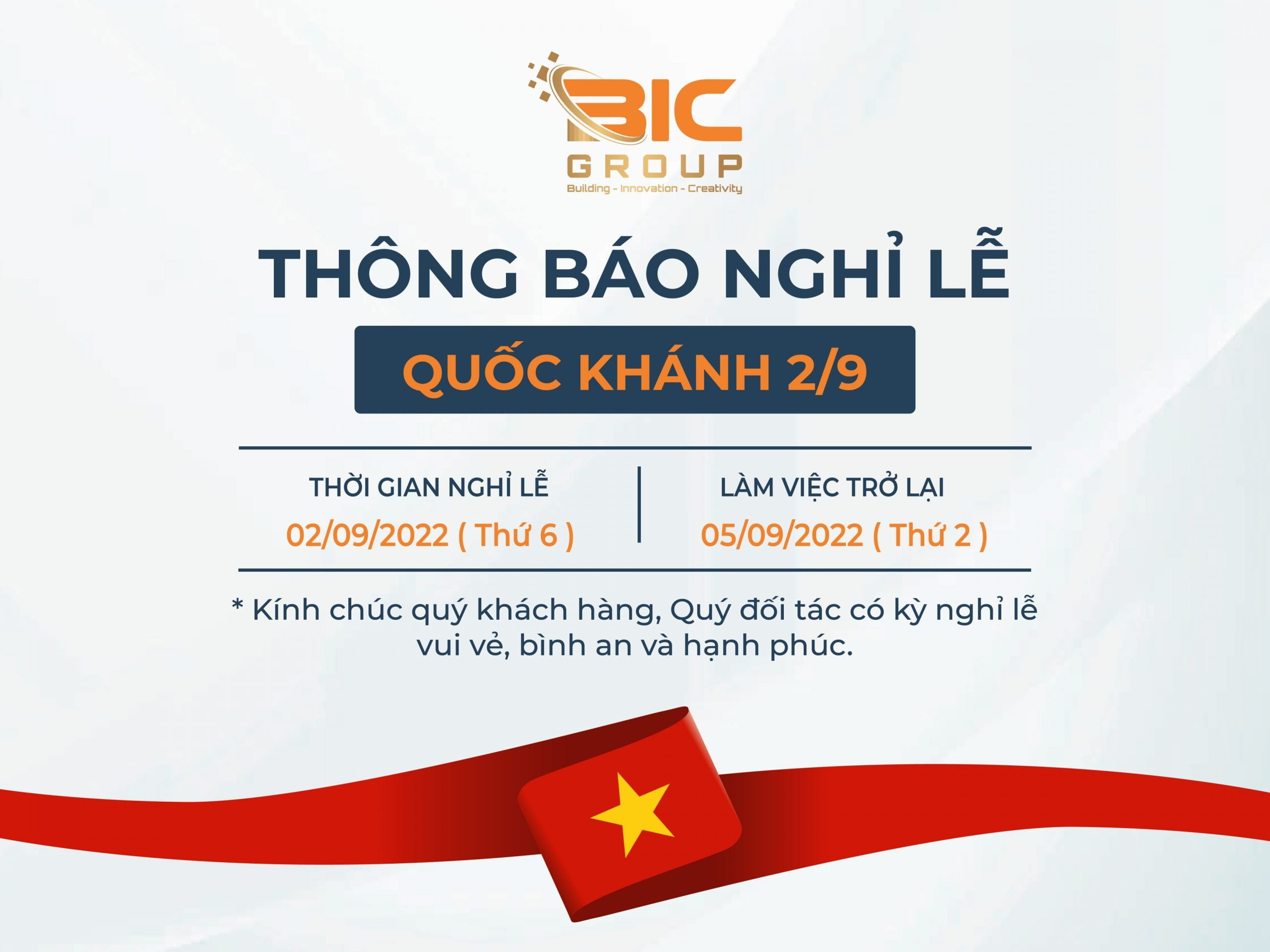 Công ty Cổ phần BIC GROUP thông báo lịch nghỉ lễ Quốc Khánh 2/9