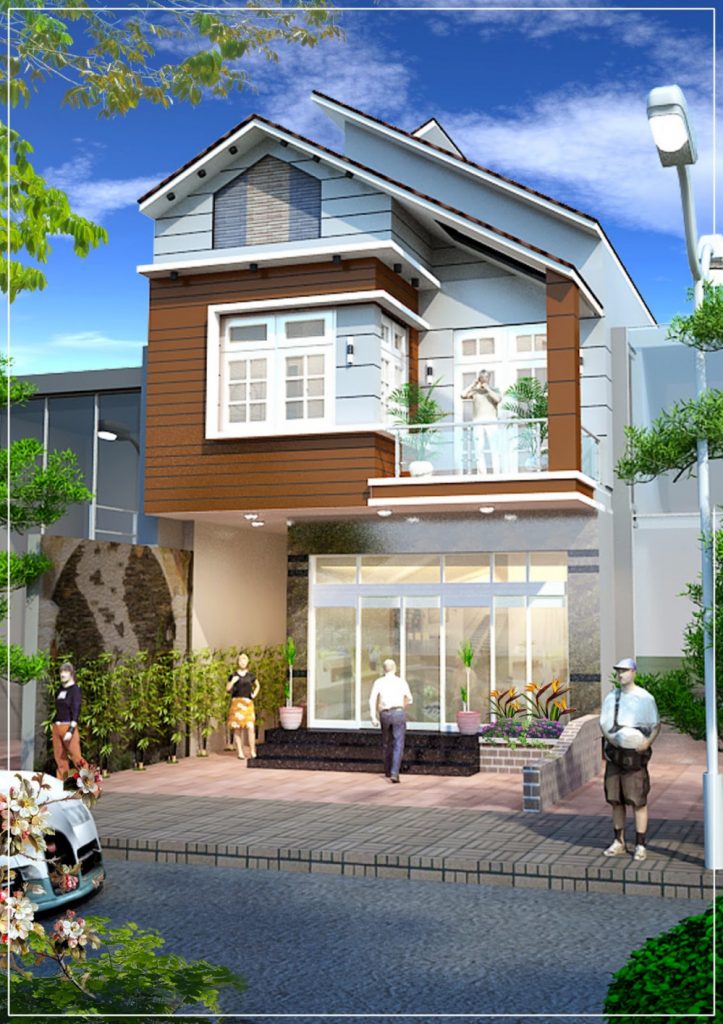 Ngôi nhà này không chỉ gây ấn tượng bởi thiết kế gạch ốp bên ngoài cùng một số loại cây xanh trang trí mà nó còn khiến người ta chú ý bởi thiết kế hai mái dốc rất đẹp.