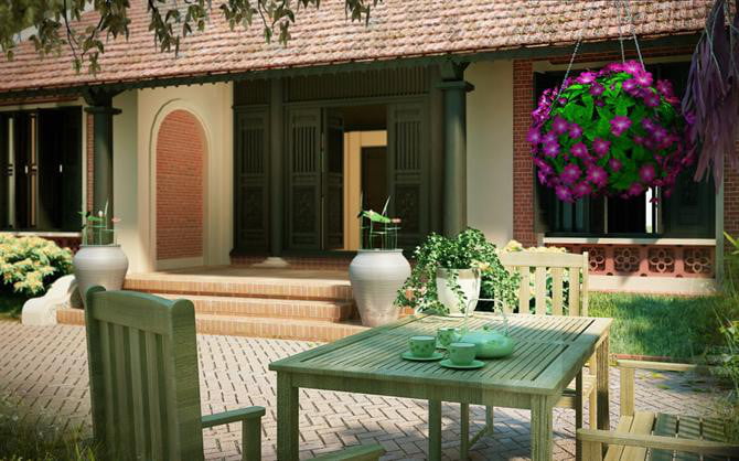 Trong những ngôi nhà lợp ngói cấp 3 xưa, ngoài sân thường có một bàn uống trà để chủ nhân tiếp khách và thư giãn