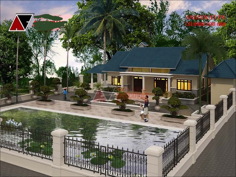 Nhìn vào mẫu thiết kế này, bạn vẫn có thể nhận ra kiến trúc 3 gian, tuy nhiên, với kiểu cửa và mái ngói lợp có xu hướng hiện đại.