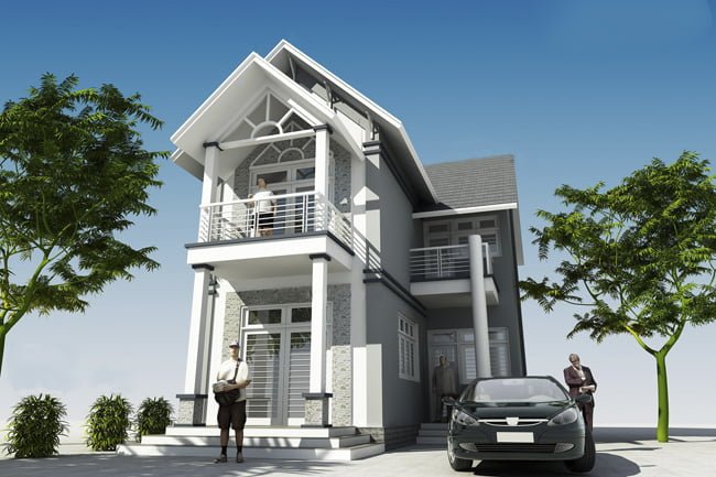 Mẫu nhà lợp ngói đẹp mê ly khi kết hợp màu ngói xám với sơn tường màu kem cực kỳ bắt mắt