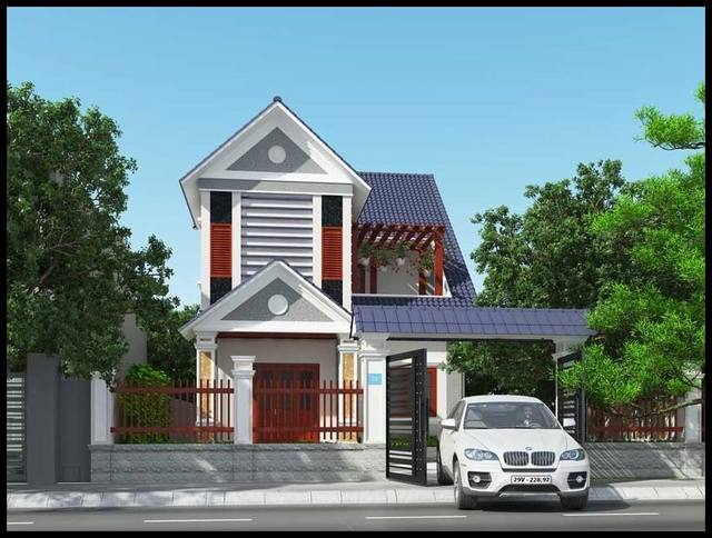 Nhìn tổng thể thì đây là một mẫu nhà mặt đường đáng mơ ước, có chỗ để ô tô và có sân vườn. Phần mái nhà và mái cổng đều sử dụng màu xanh dương hiện đại